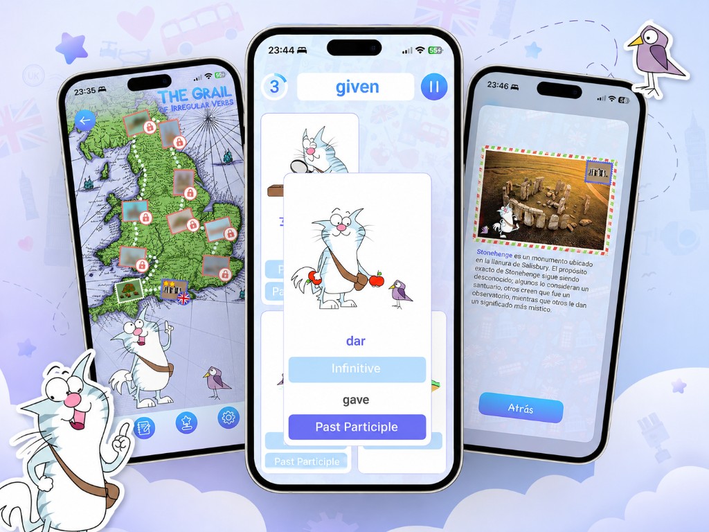 Irregular Verbs with Gramm screens: UK quest map, verb practice card, and landmark story