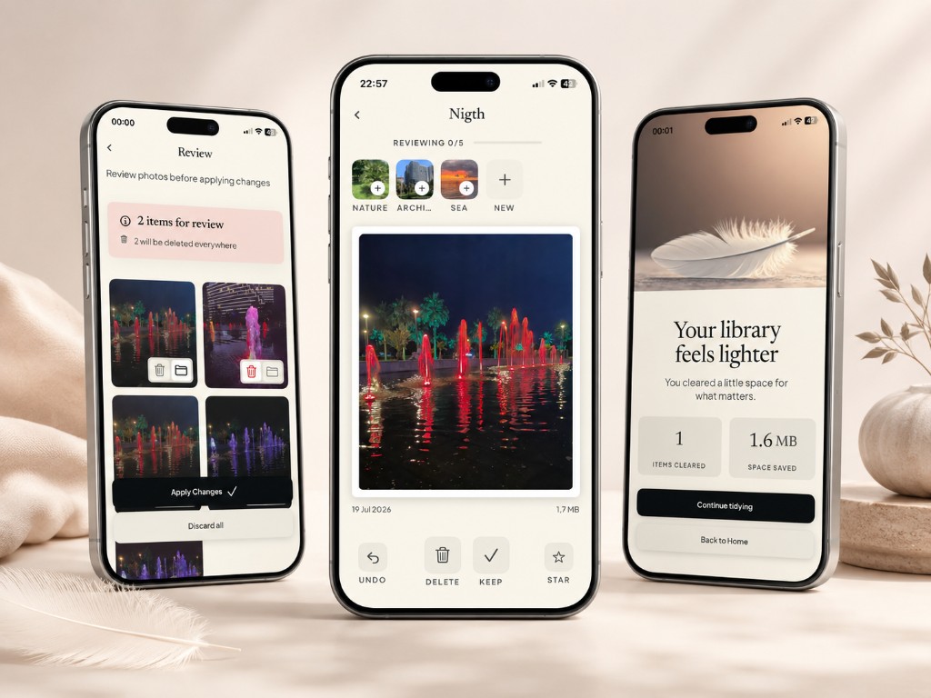Photo Cleaner screens: review before delete, swipe through photos, and a lighter library summary