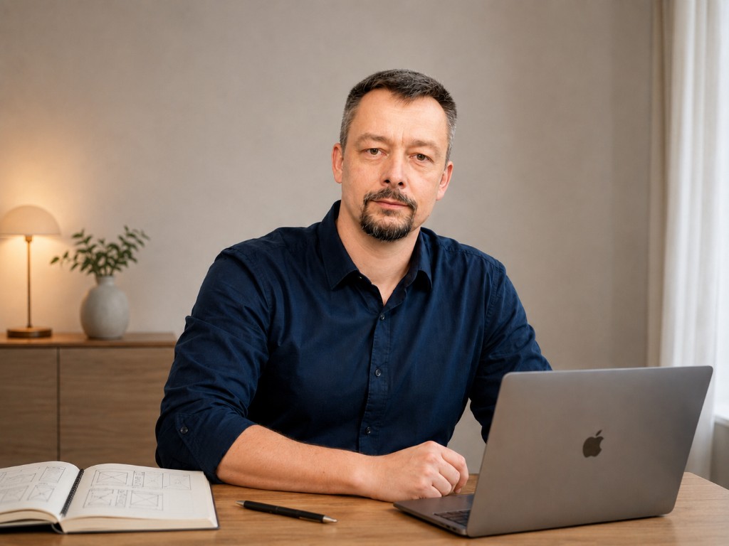 Ivan Kreshikhin working at his desk with a laptop and UI sketches